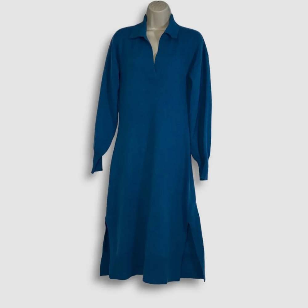 Neiman Marcus Women Blue Cashmere Collared Long Sleeve Sweater Dress Size M
